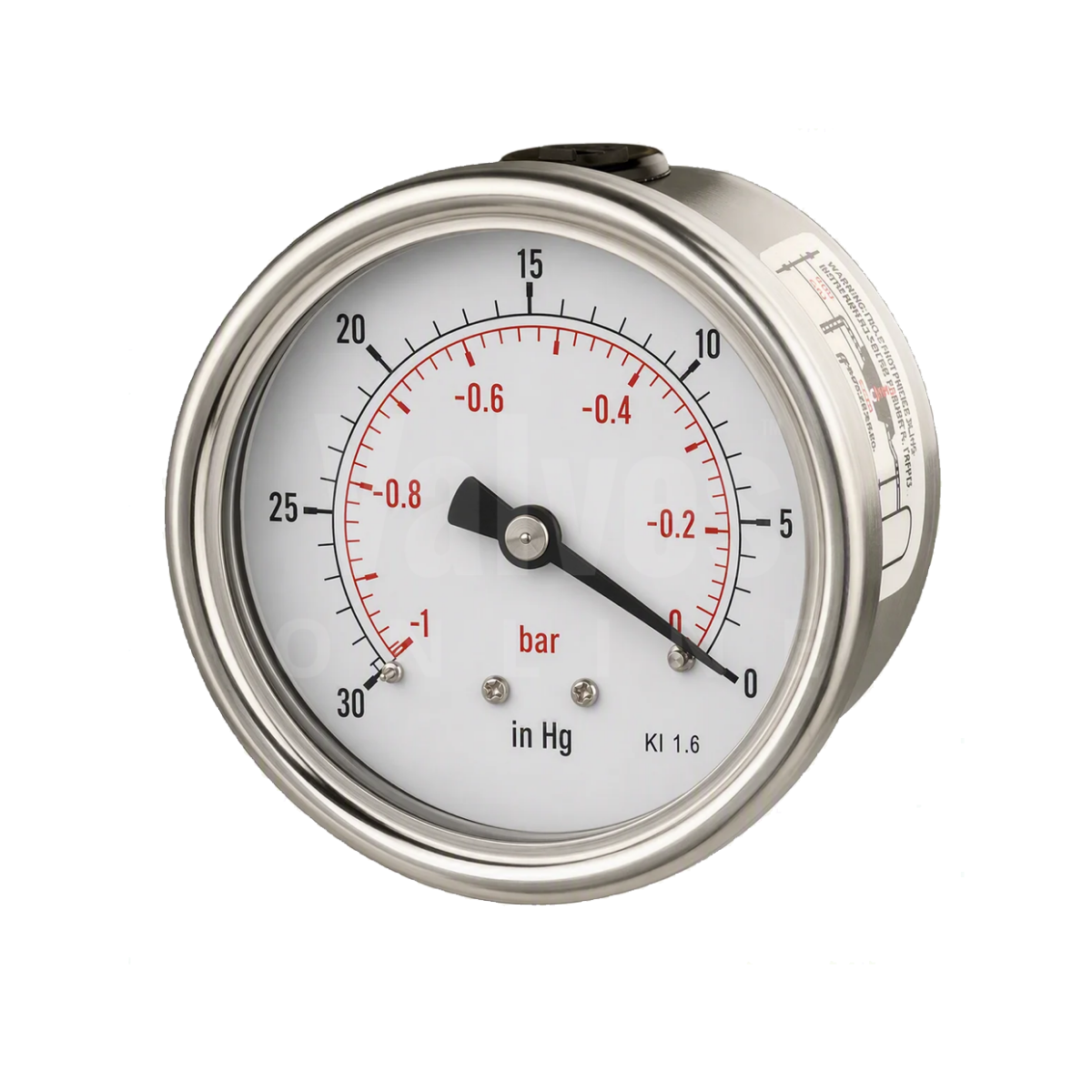 All Stainless Steel Vacuum Gauge Back Entry -30/0” HG -1/0 Bar