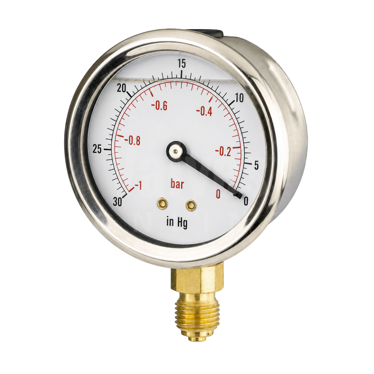 Glycerine Filled Vacuum Gauge -30/0” HG -1/0 Bar Bottom Entry