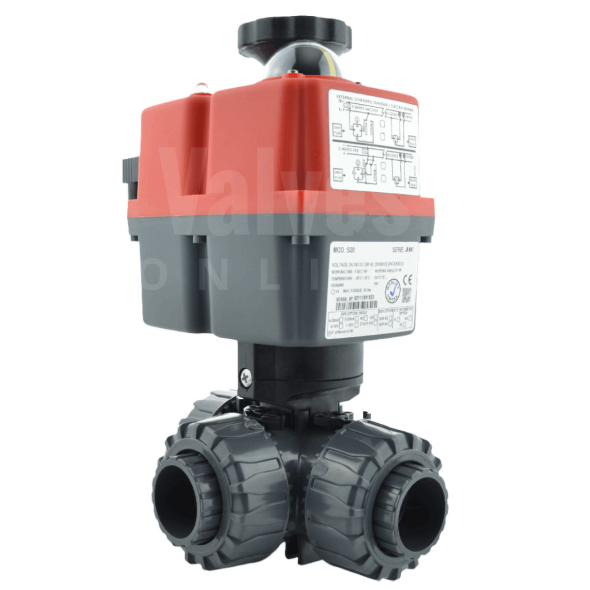J+J Electric Actuated Durapipe PVC 3 Way Ball Valve – Metric Solvent Socket