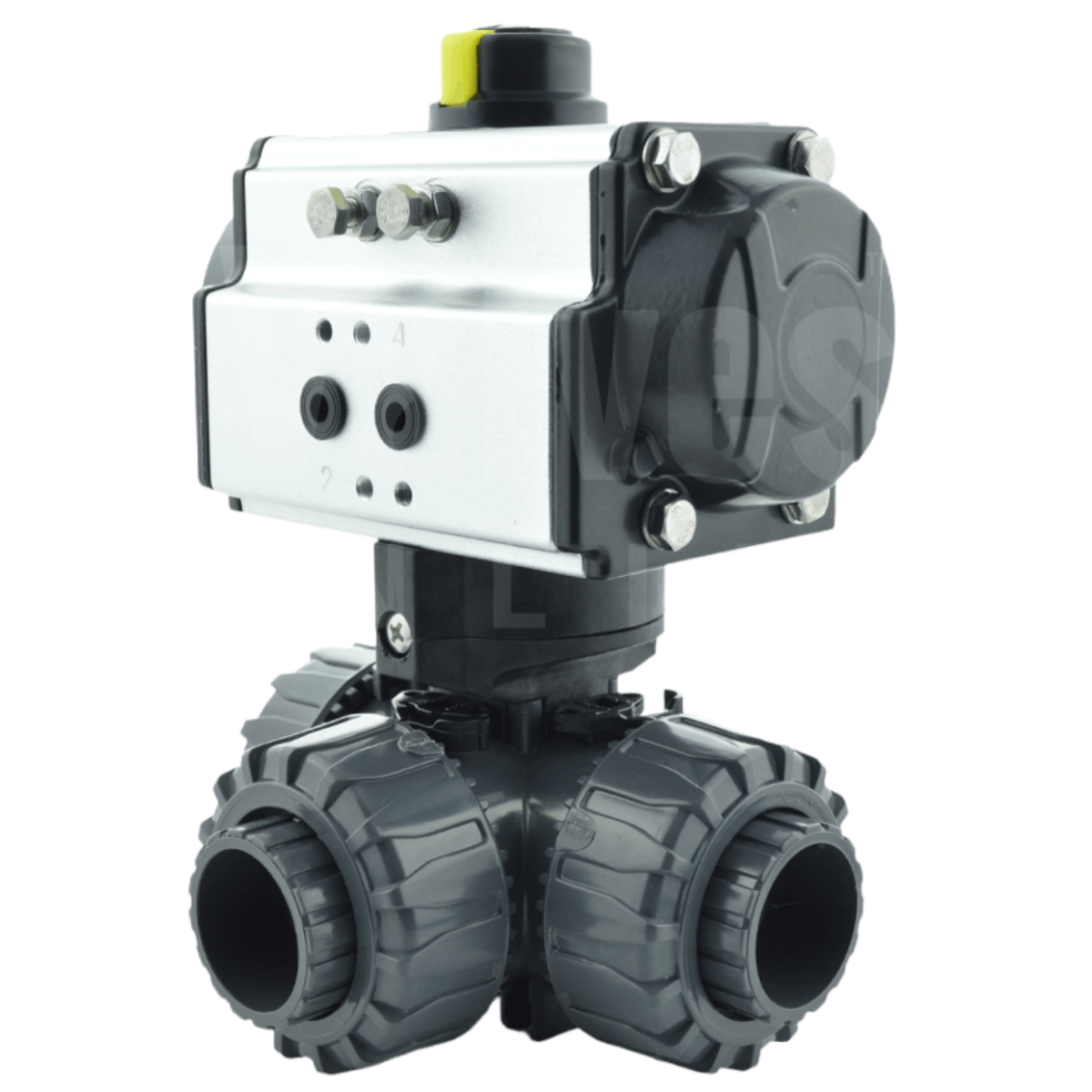 Pneumatic Actuated Durapipe PVC 3 Way Ball Valve – Metric Solvent Socket