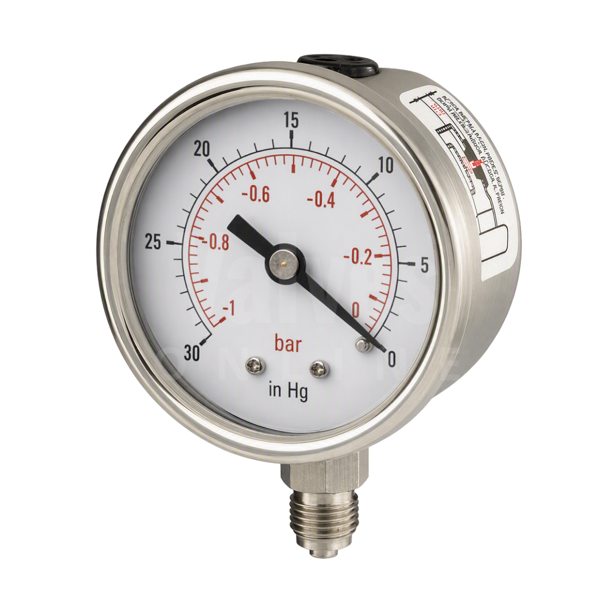 All Stainless Steel Vacuum Gauge Bottom Entry -30/0” HG -1/0 Bar
