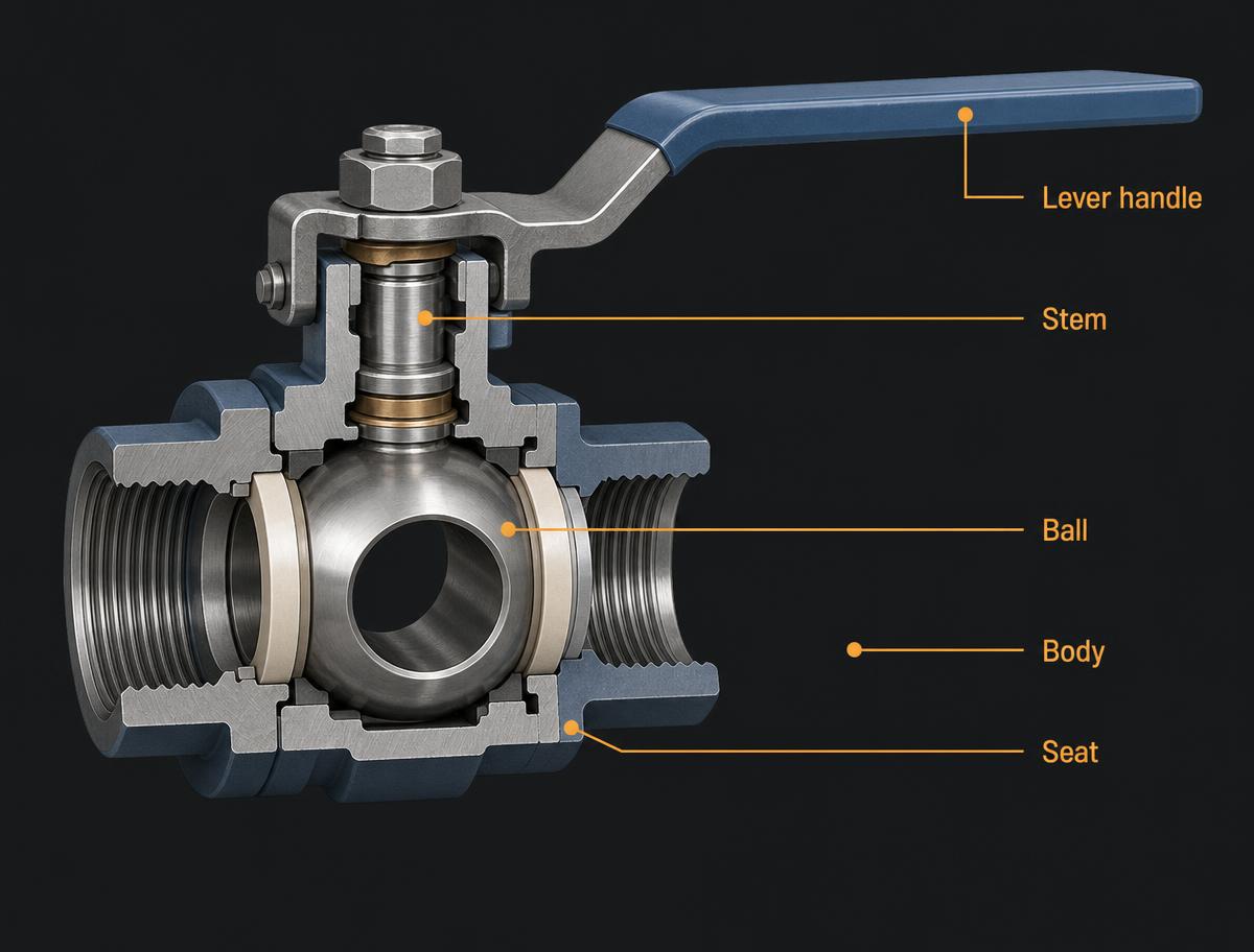 Labelled cutaway diagram of a ball valve showing the lever handle, stem, ball, seat and body