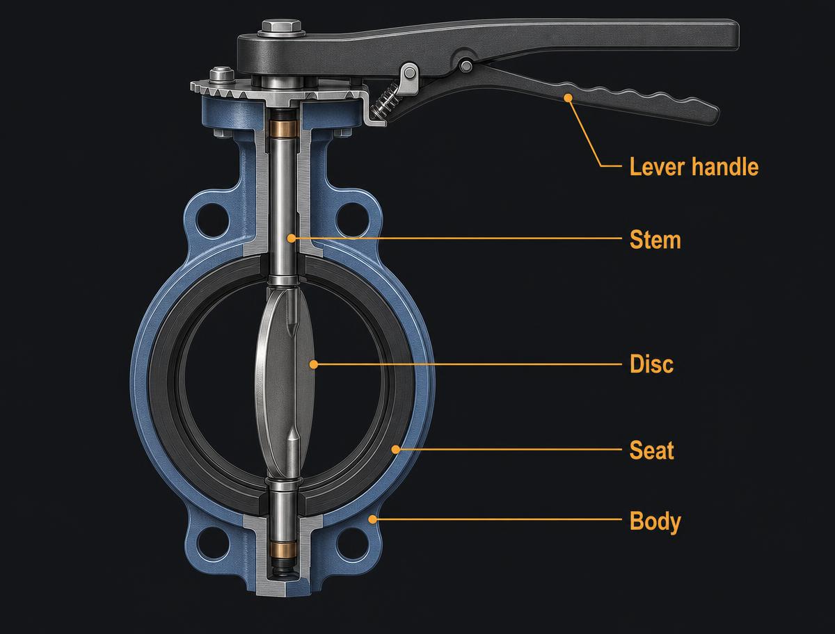 Labelled cutaway diagram of a butterfly valve showing the lever handle, stem, disc, seat and slim wafer body