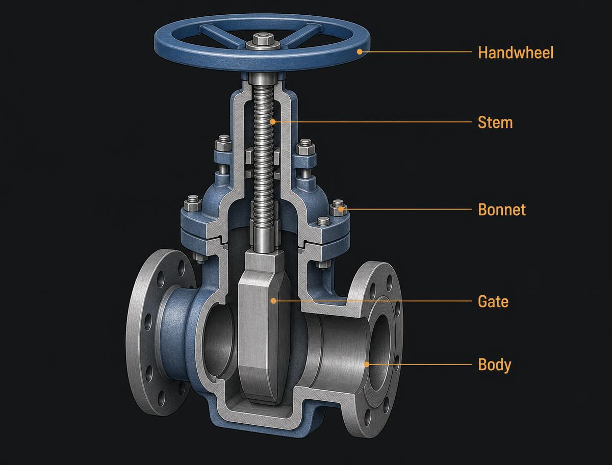 Labelled cutaway diagram of a gate valve showing the handwheel, stem, bonnet, gate and body