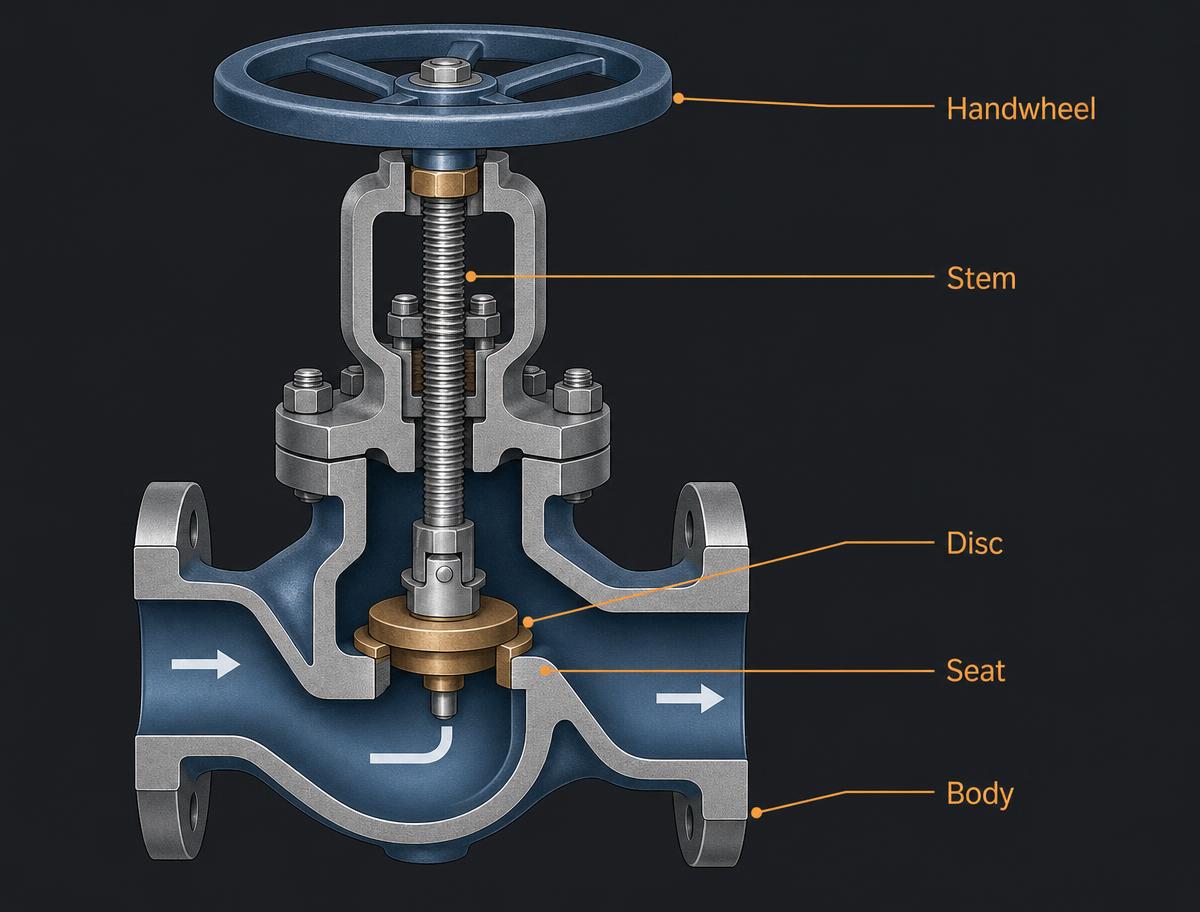 Labelled cutaway diagram of a globe valve showing the handwheel, stem, disc, seat and body with the Z-shaped flow path